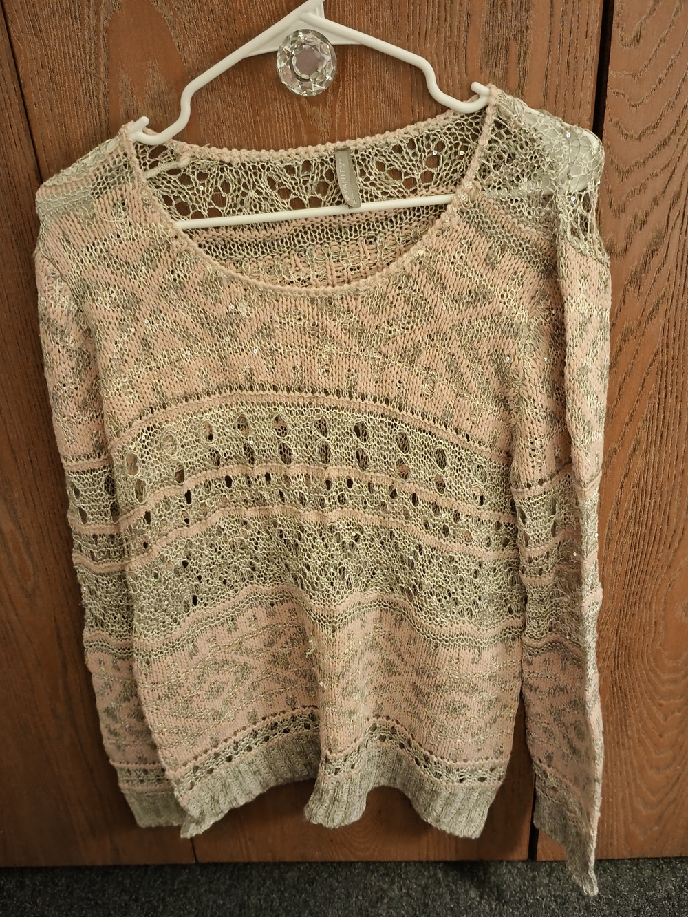 Vanity Two-Tone Openwork Scoop Neck Sweater in Blush and Sage